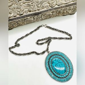 Vintage Huge Faux Turquoise Pendant Necklace